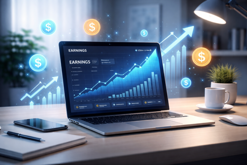 online earning workspace with laptop and income dashboard
